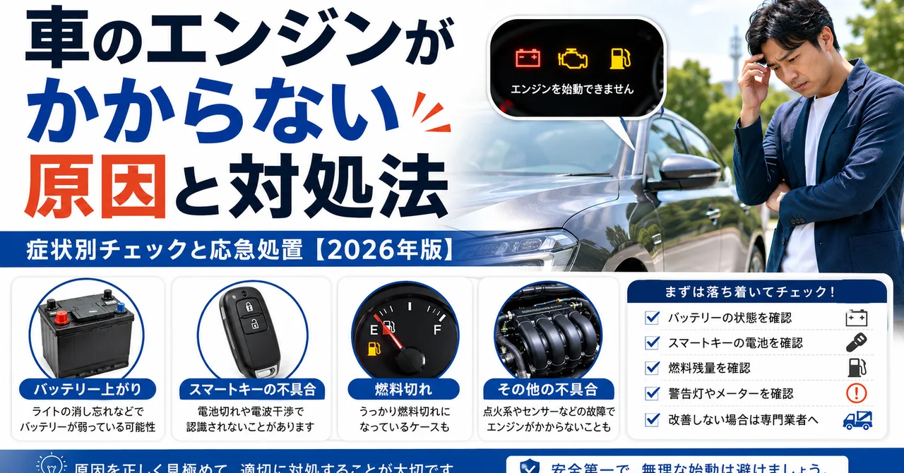 車のエンジンがかからない原因と対処法｜症状別チェックと応急処置【2026年版】