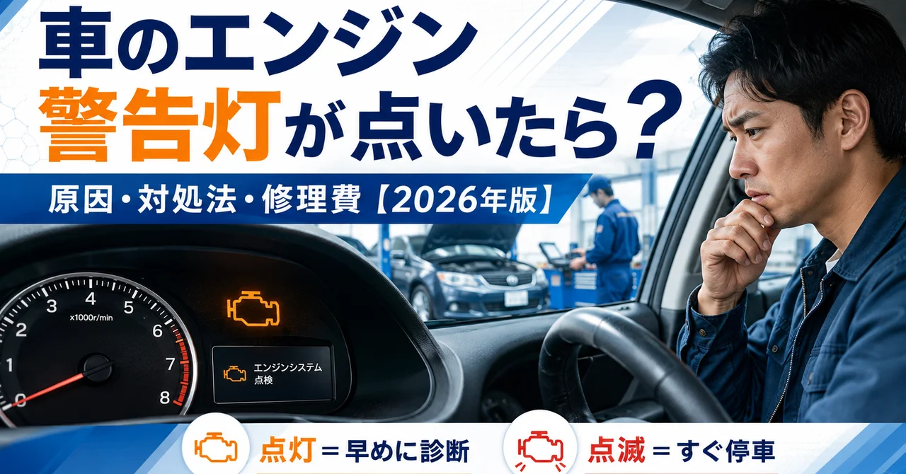 車のエンジン警告灯が点いたら？原因・対処法・修理費【2026年版】