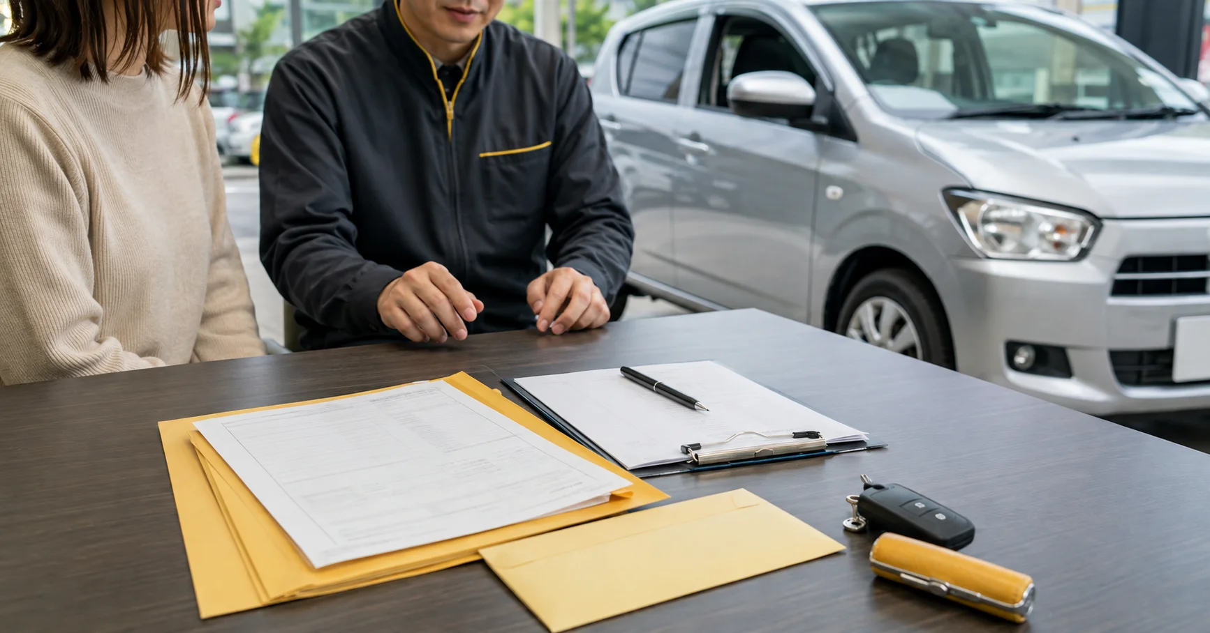 車の売却前に車検証などの必要書類を整理する様子