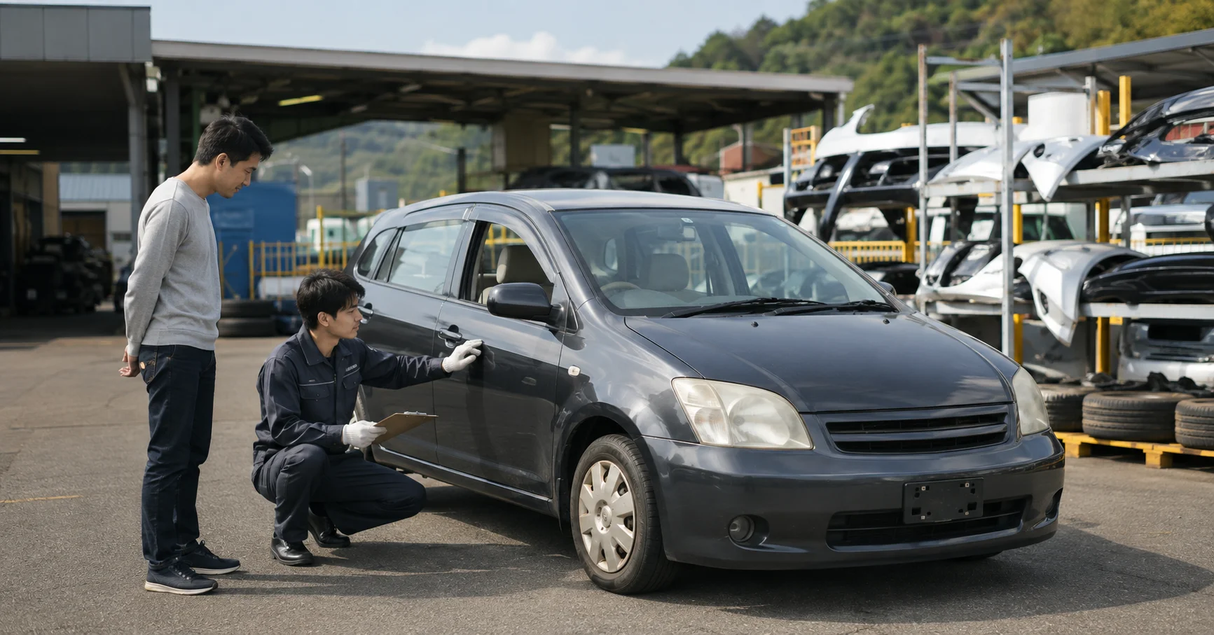 福岡で古い車を現状のまま査定するスタッフ