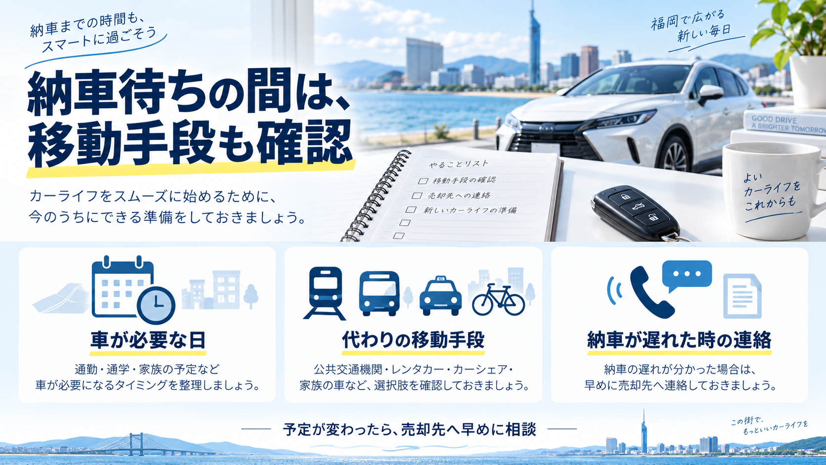 納車待ちに確認する車が必要な日、代わりの移動手段、納車が遅れた時の連絡