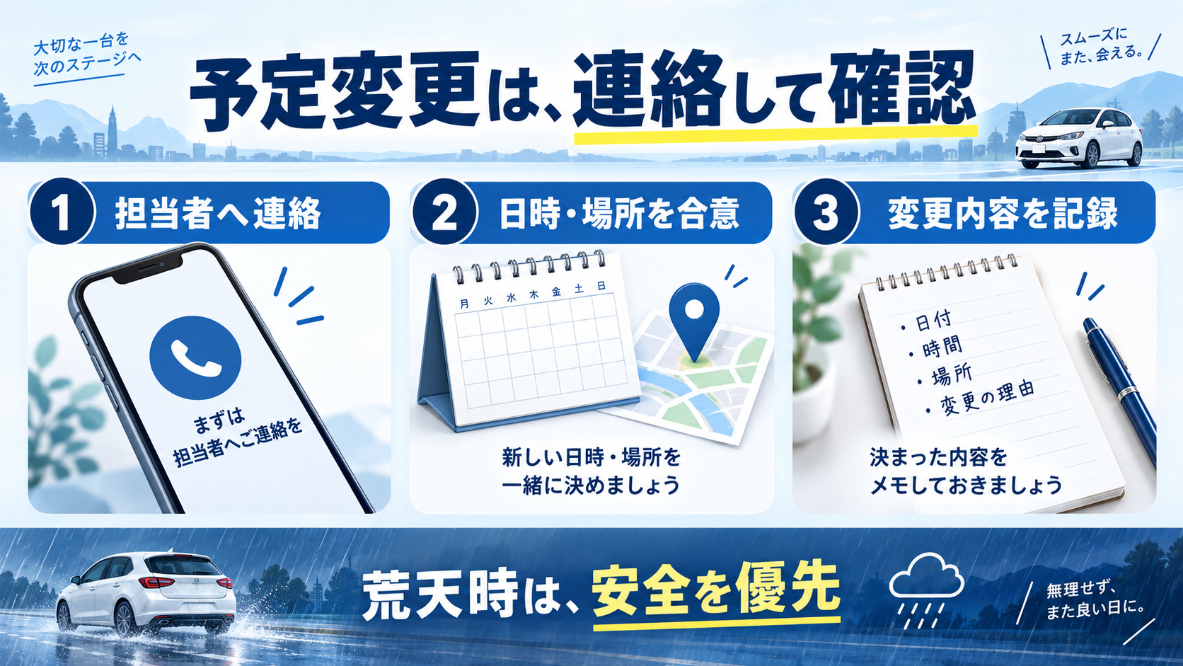 荒天時は担当者へ連絡し、引き渡し場所と日時、条件を確認する流れ