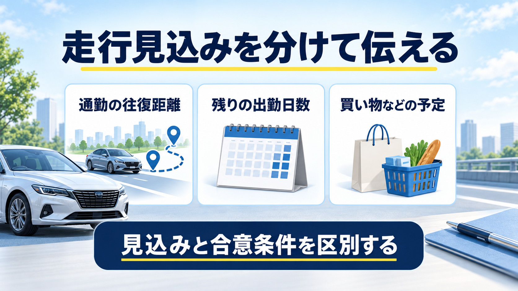 通勤の往復距離、残りの出勤日数、買い物などの利用予定を分ける図