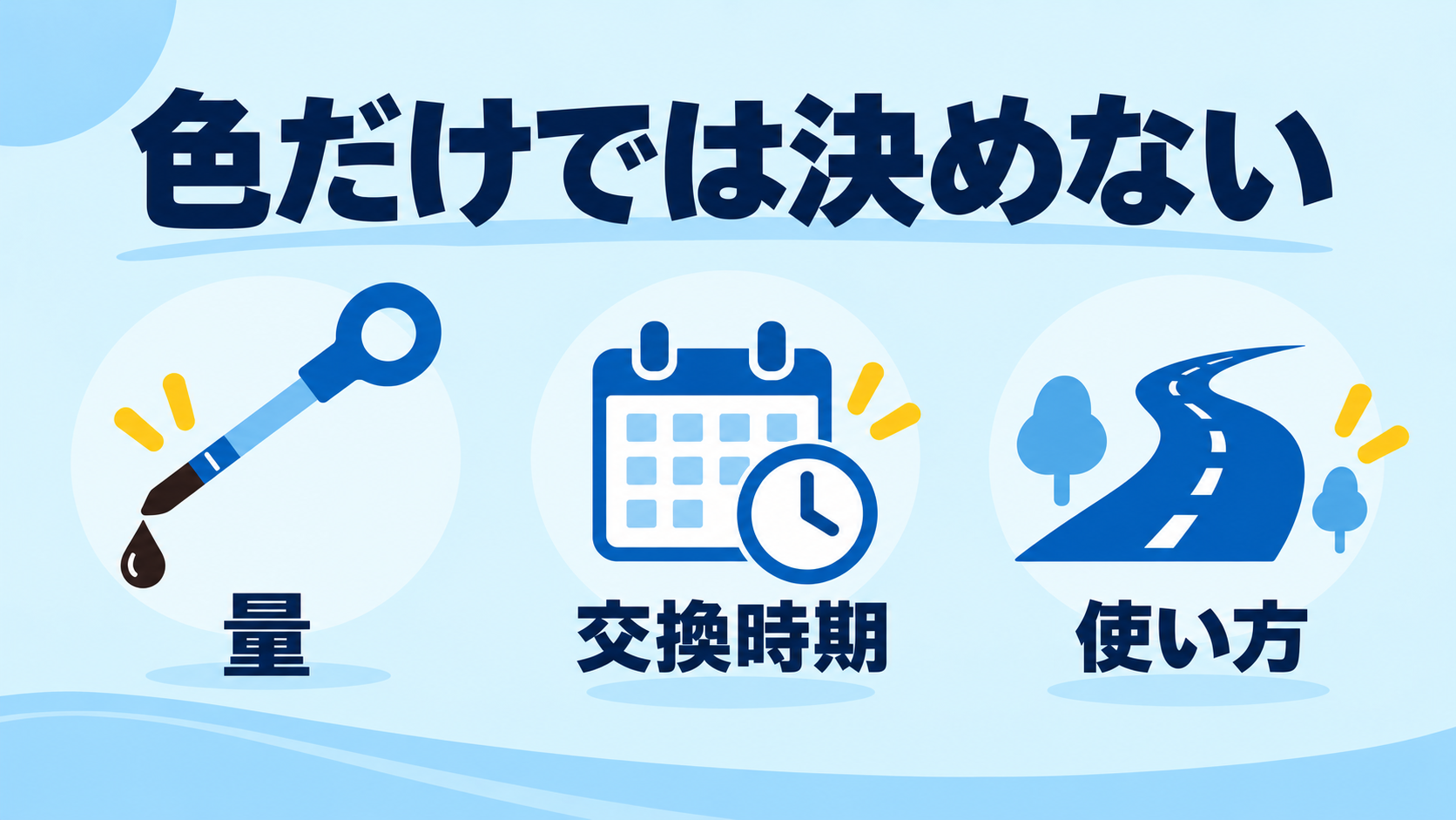 オイルの色だけでなく量、交換時期、使い方を確認する図