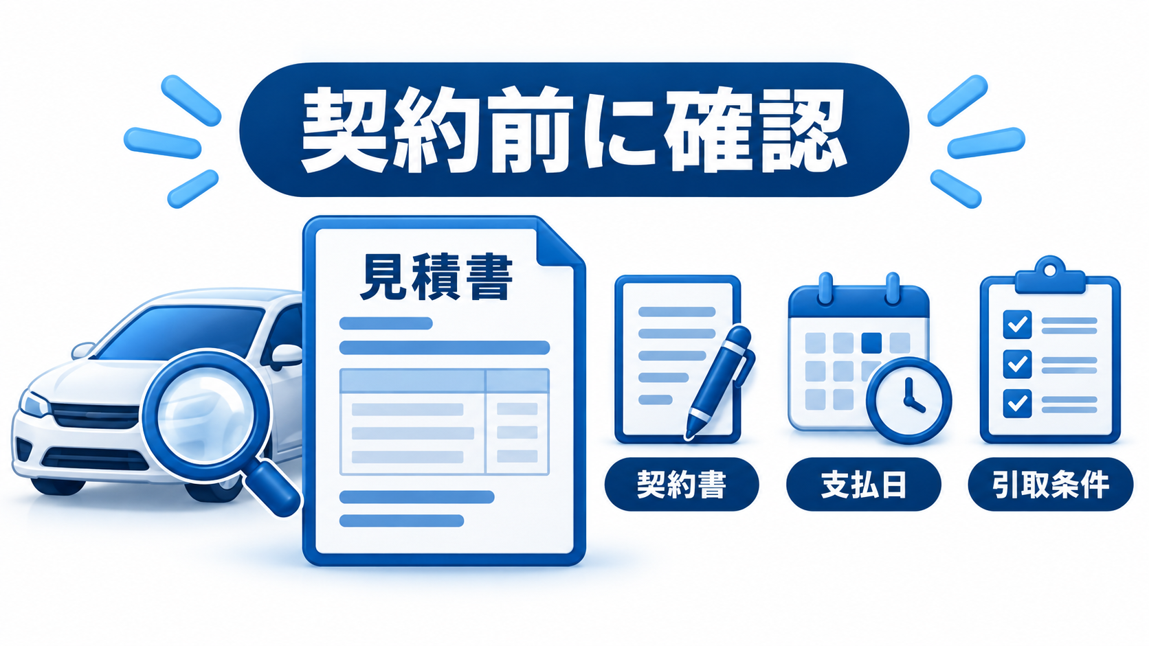 契約前に見積書・契約書・支払日・引取条件を確認する図