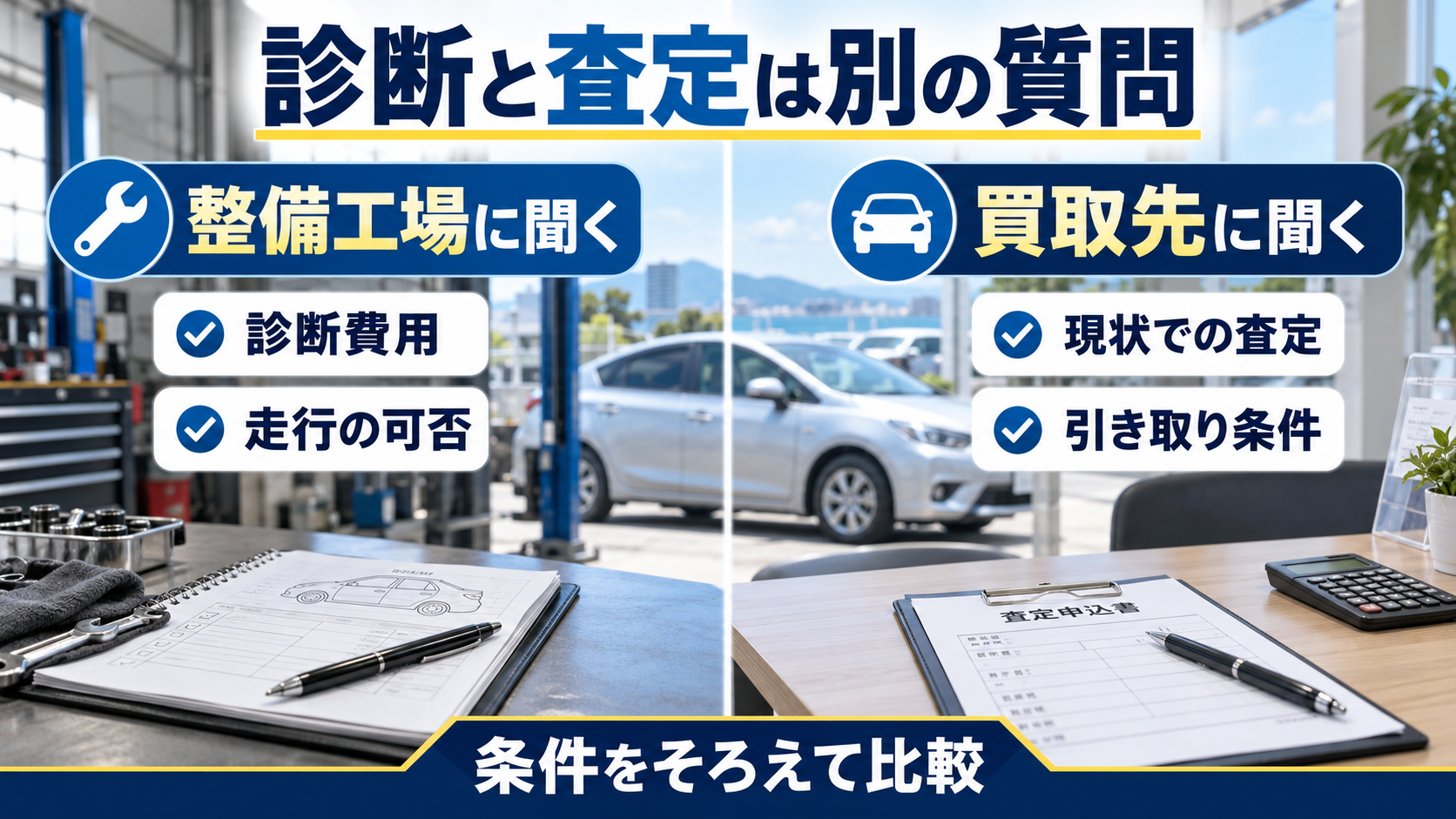 整備工場に聞く診断費用・走行の可否と買取先に聞く現状査定・引き取り条件の比較図