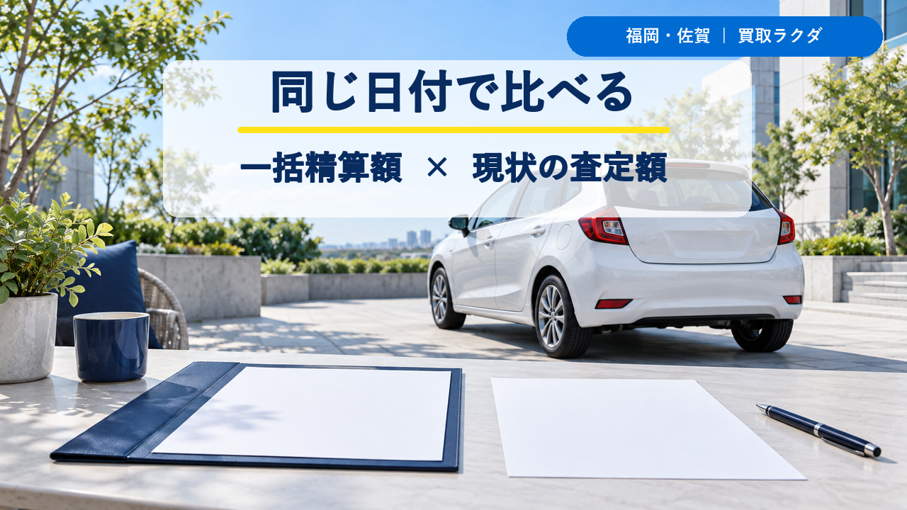 残価設定ローンの一括精算額と現状の車の査定額を同じ日付で比べる図